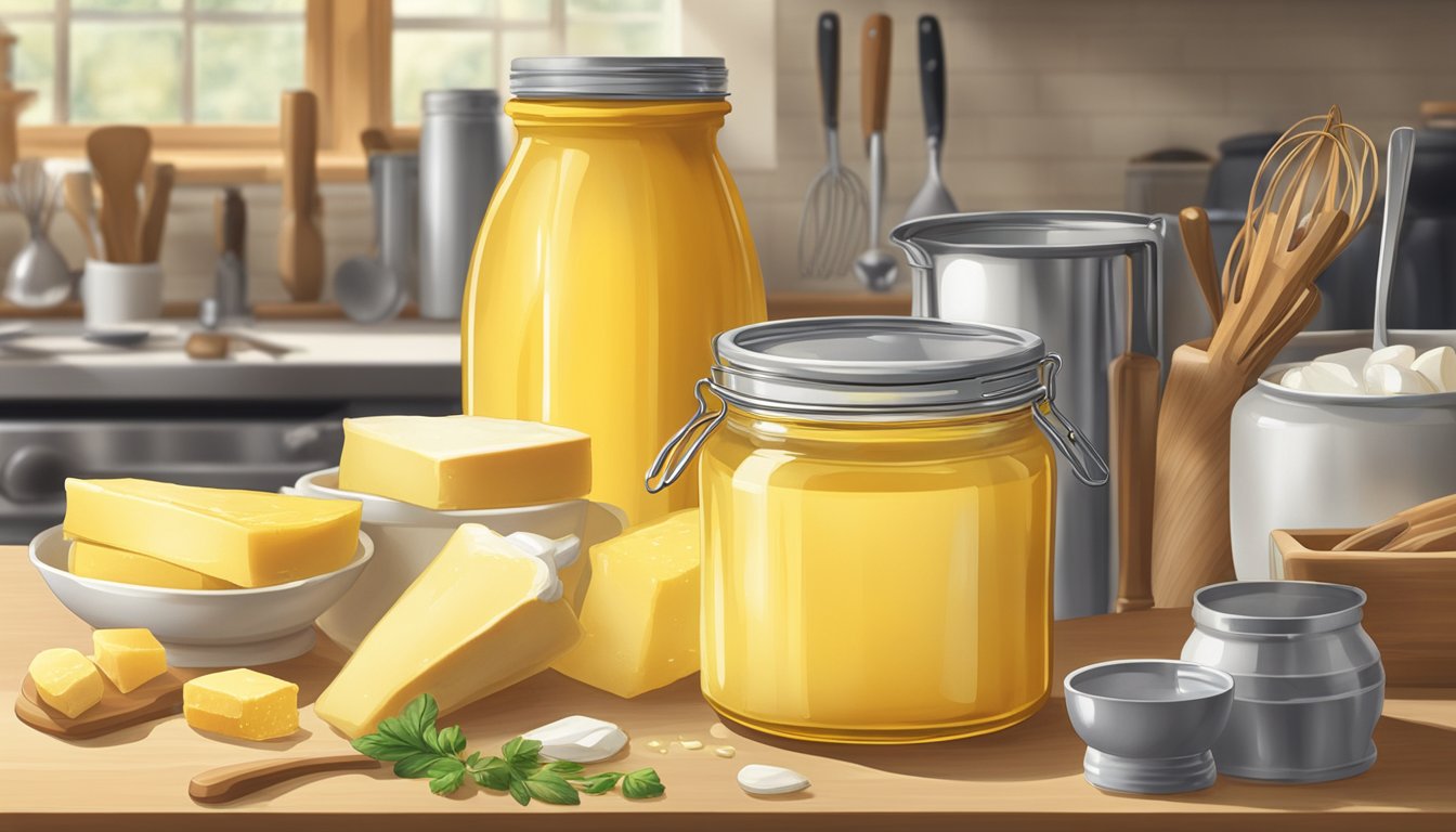 A jar of clarified butter sits on a kitchen counter, surrounded by various cooking utensils and ingredients. The butter is clear and smooth, with a rich golden hue