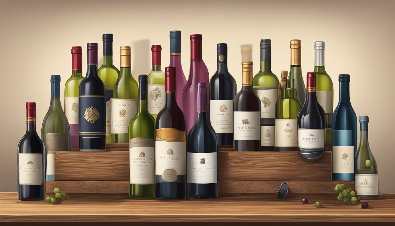 A bottle of red wine sits on a wooden wine rack, surrounded by dim lighting and a collection of other wine bottles