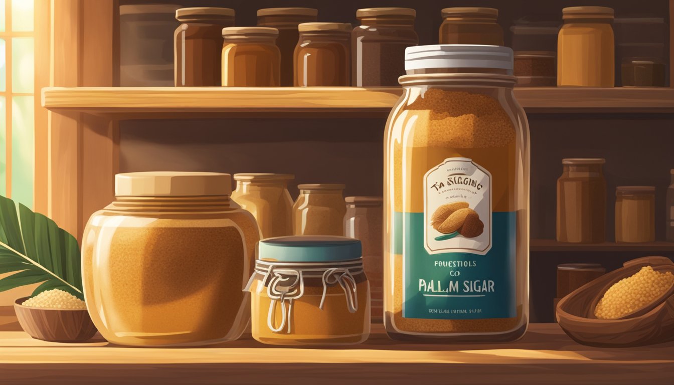 A jar of palm sugar sits on a wooden shelf, surrounded by other pantry staples. The warm glow of sunlight streams in through a nearby window