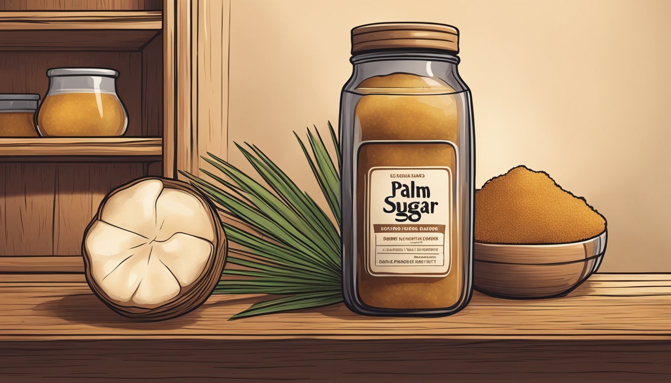 A jar of palm sugar sits on a wooden shelf, slowly degrading over time. The sugar is turning darker and clumping together as it nears its expiration date