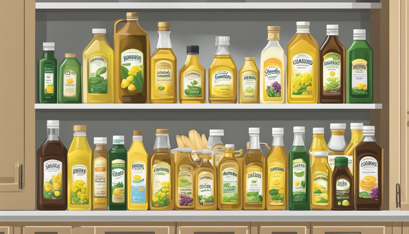 A pantry shelf with a bottle of canola oil next to other cooking oils and ingredients, all neatly organized and labeled