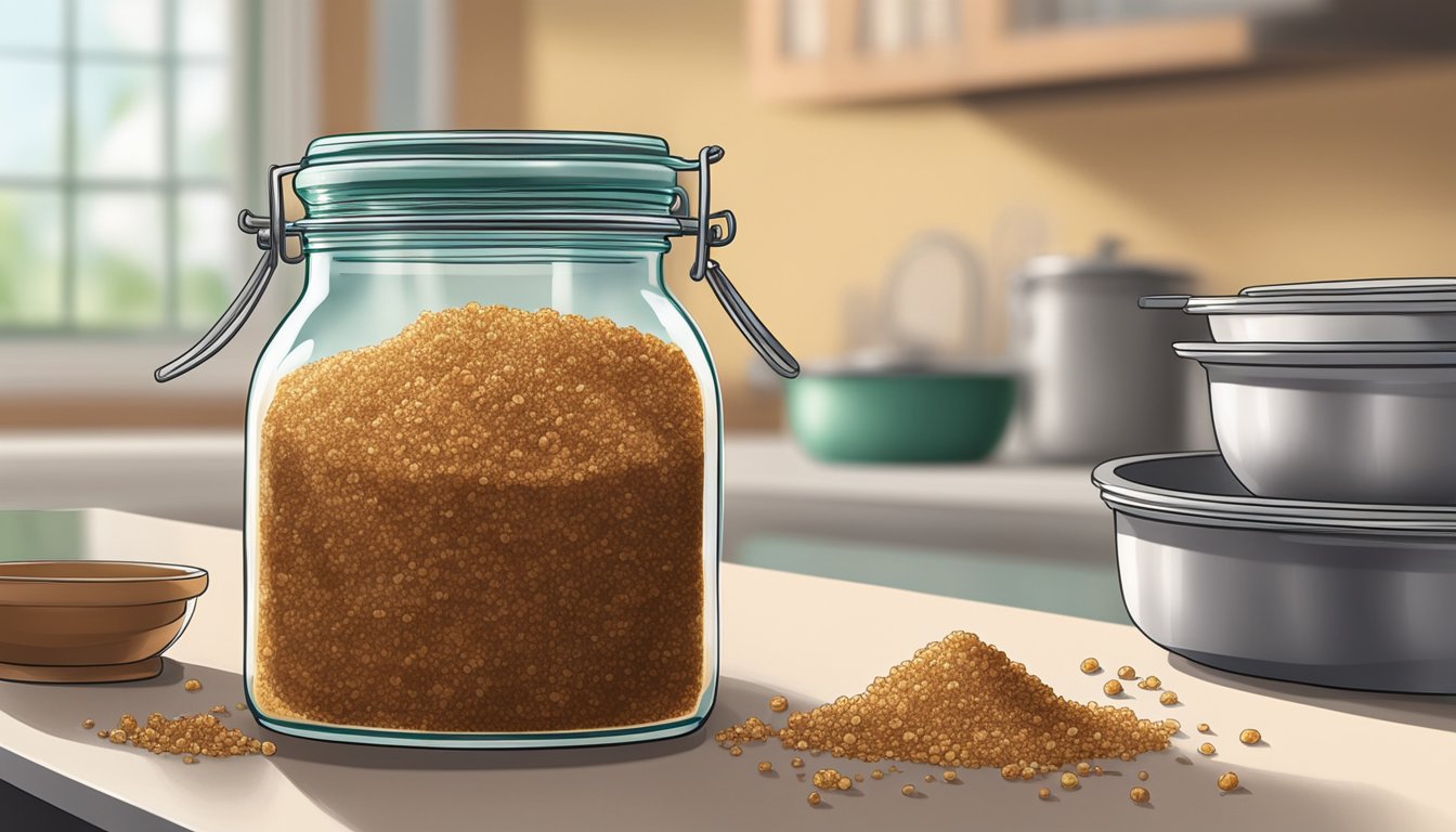 A glass jar of palm sugar sits on a kitchen counter. A few granules have clumped together, but overall it appears fresh and unspoiled