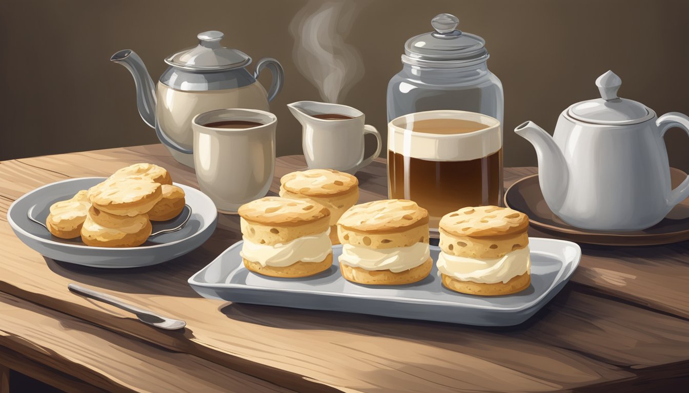 A jar of clotted cream sits on a rustic wooden table, surrounded by freshly baked scones and a pot of steaming tea