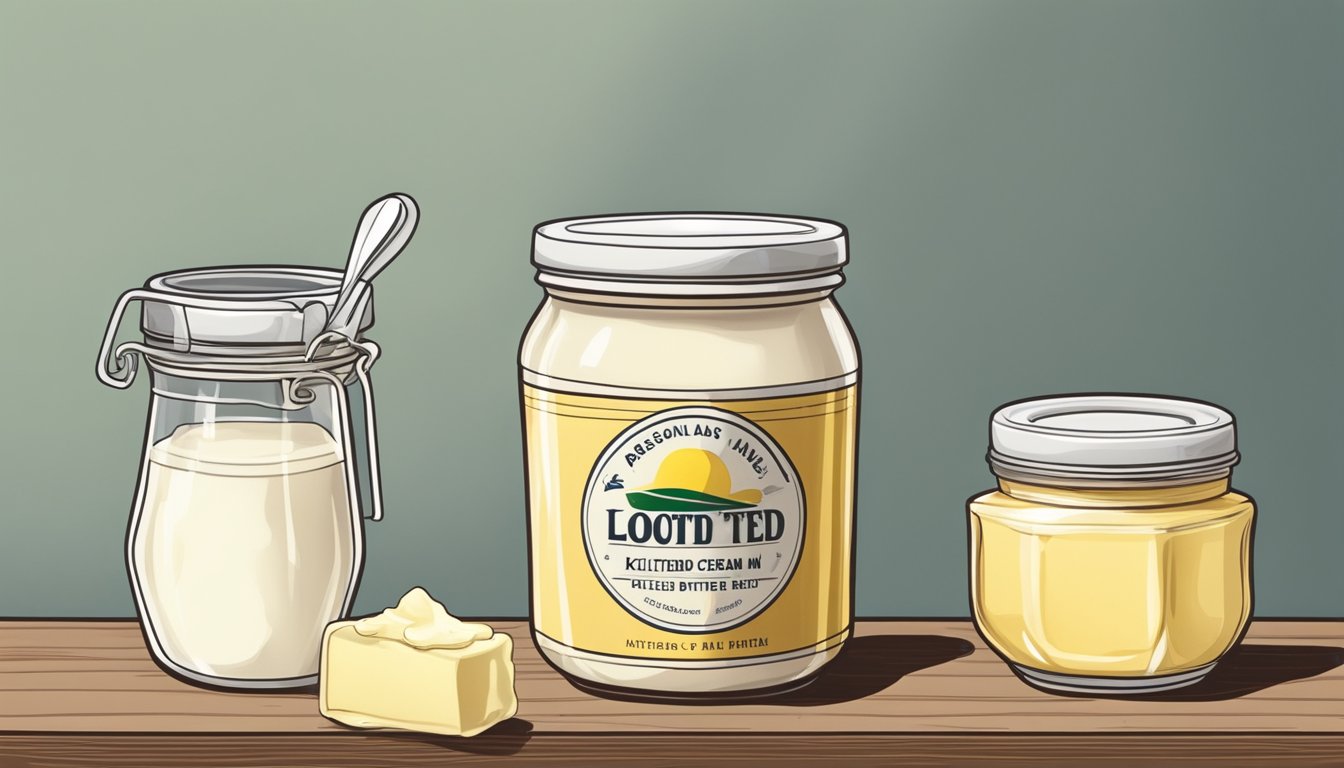 A jar of clotted cream sits on a kitchen shelf, next to a carton of milk and a container of butter. The cream is beginning to show signs of separation and discoloration