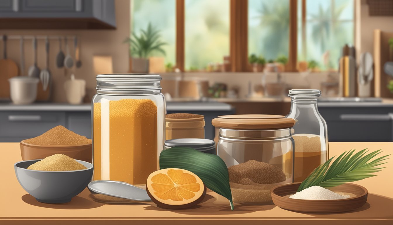 A jar of palm sugar sits on a kitchen counter, surrounded by various cooking utensils and ingredients, with a warm and inviting ambiance