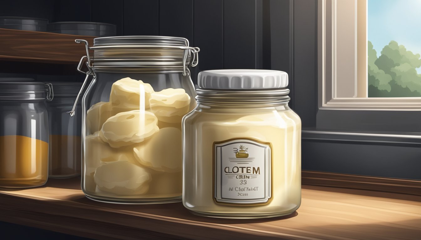 A jar of clotted cream sits on a shelf in a cool, dark pantry, away from direct sunlight and heat sources