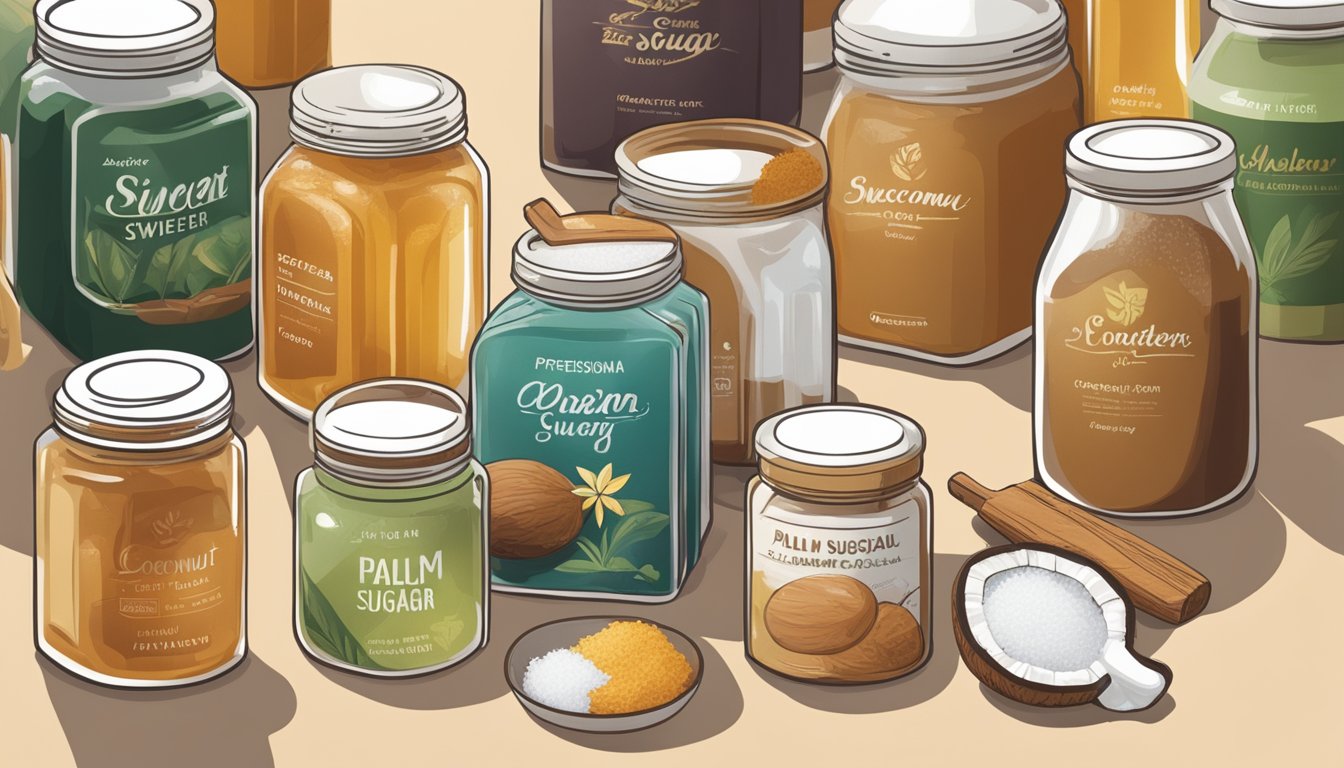 A variety of sweeteners displayed on a kitchen counter, including coconut sugar and maple syrup. A jar of palm sugar sits among them