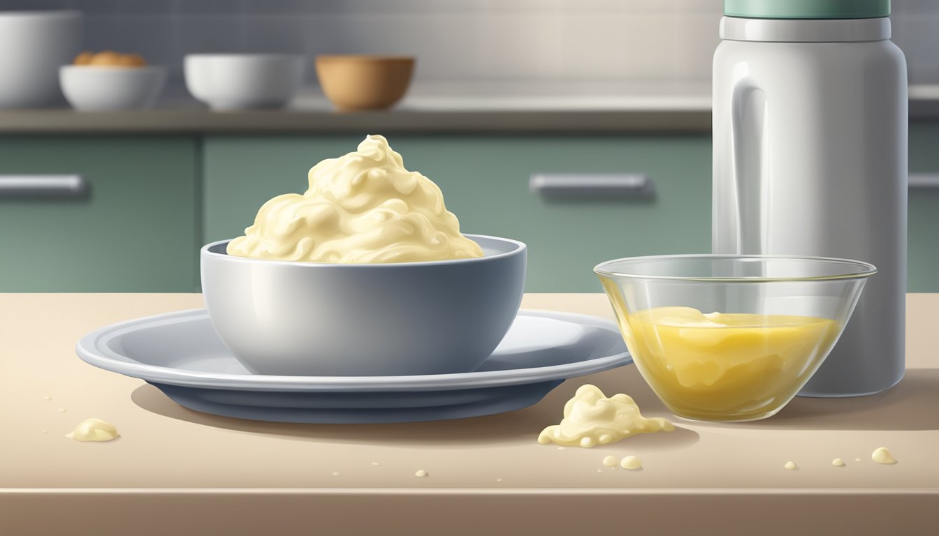 A small dish of clotted cream with a sour smell, separated into curdled lumps and a watery liquid, sitting on a kitchen counter