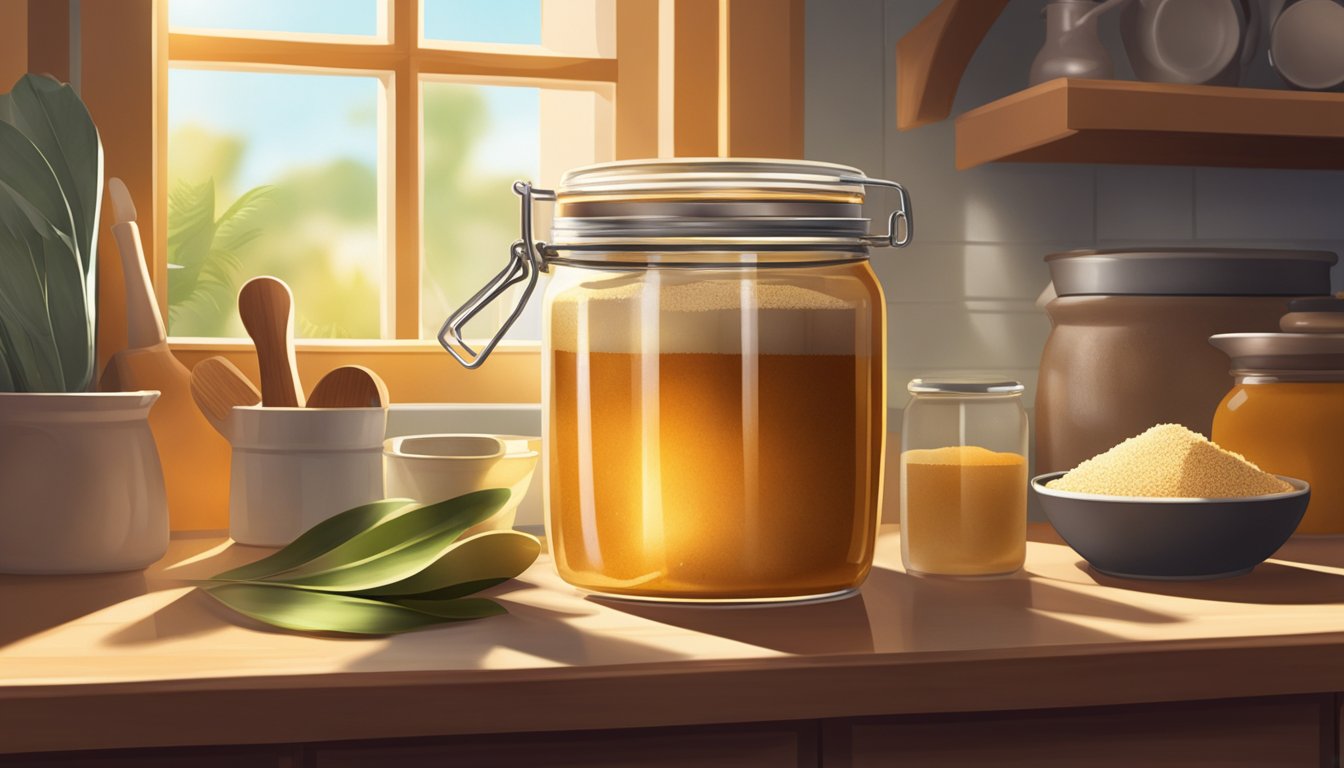 A jar of palm sugar sits on a kitchen shelf, surrounded by various cooking ingredients and utensils. The warm sunlight streams in through the window, casting a soft glow on the scene