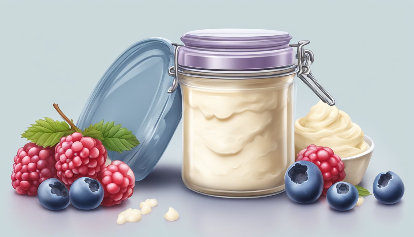 A jar of clotted cream sits in a freezer next to frozen berries and ice cream, surrounded by frost