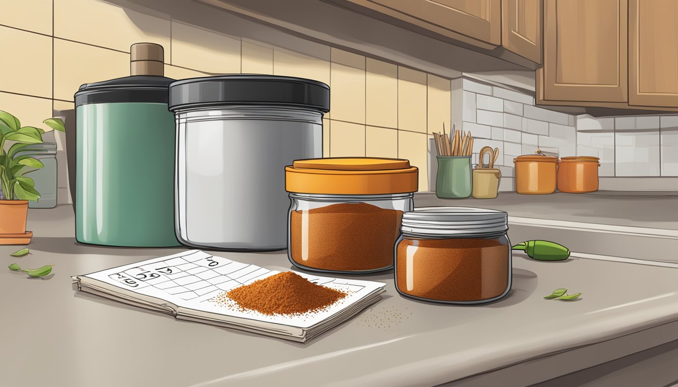 A jar of chili powder sits on a kitchen counter next to a calendar showing the current date. The lid is open, and the powder inside appears fresh and aromatic