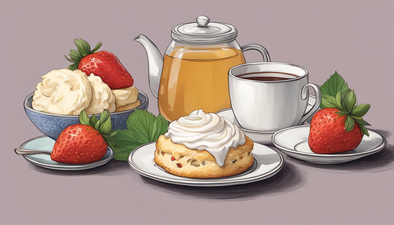 A dollop of clotted cream sits atop a scone, surrounded by fresh strawberries and a pot of tea