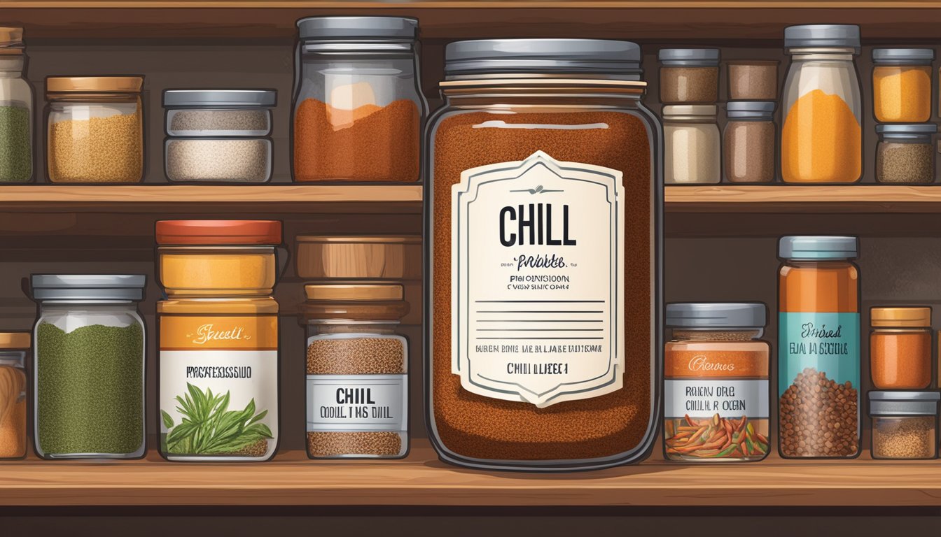 A jar of chili powder sits on a shelf in a pantry, surrounded by neatly organized spices and dry goods. The label on the jar is clean and intact, indicating proper storage