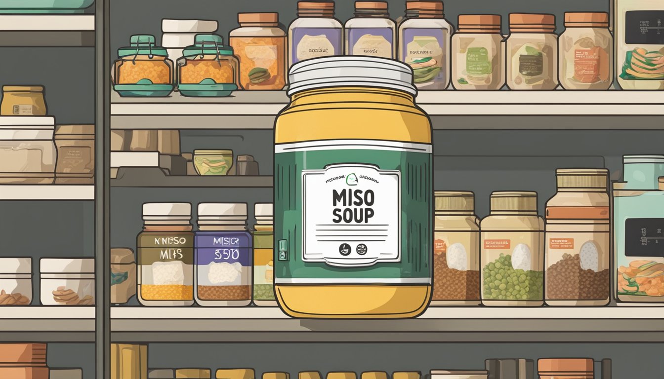 A jar of miso soup mix sits on a shelf, surrounded by other dry goods. The label indicates the expiration date, while the packaging suggests proper storage