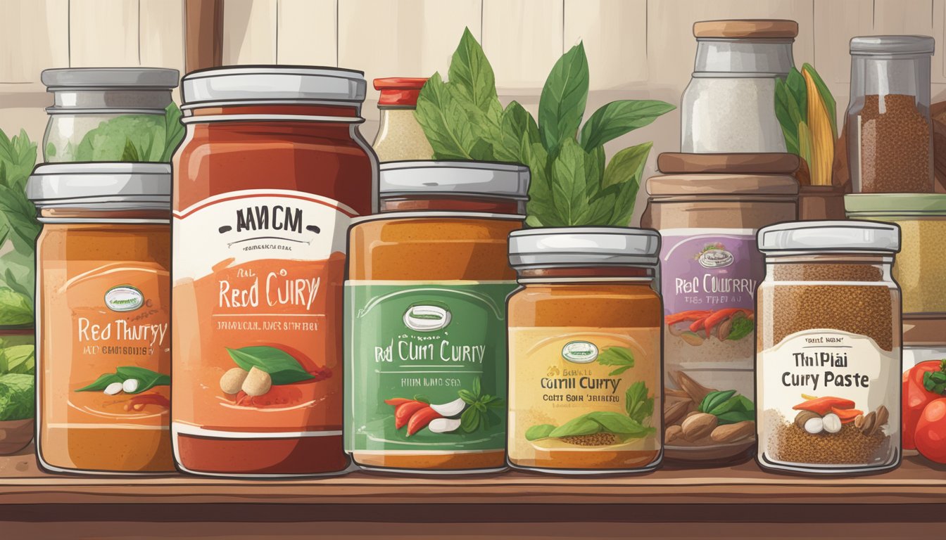 A jar of Red Thai Curry Paste sits on a kitchen shelf, surrounded by various spices and condiments. The label is slightly faded, indicating it has been there for some time