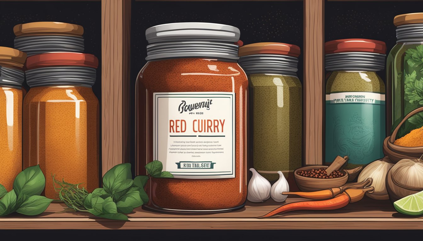 A jar of red Thai curry paste is tightly sealed and stored in a cool, dark pantry alongside other spices and condiments