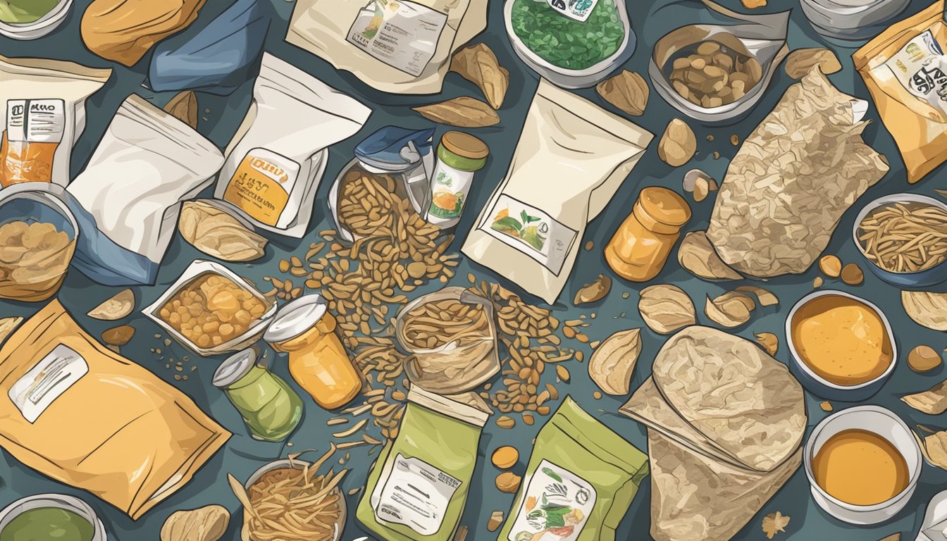 An open miso soup mix packet surrounded by various expired food items in a cluttered pantry