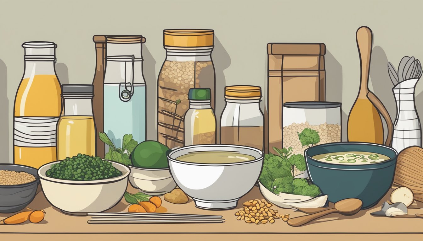 A pantry shelf with a miso soup mix packet, surrounded by various cooking utensils and ingredients