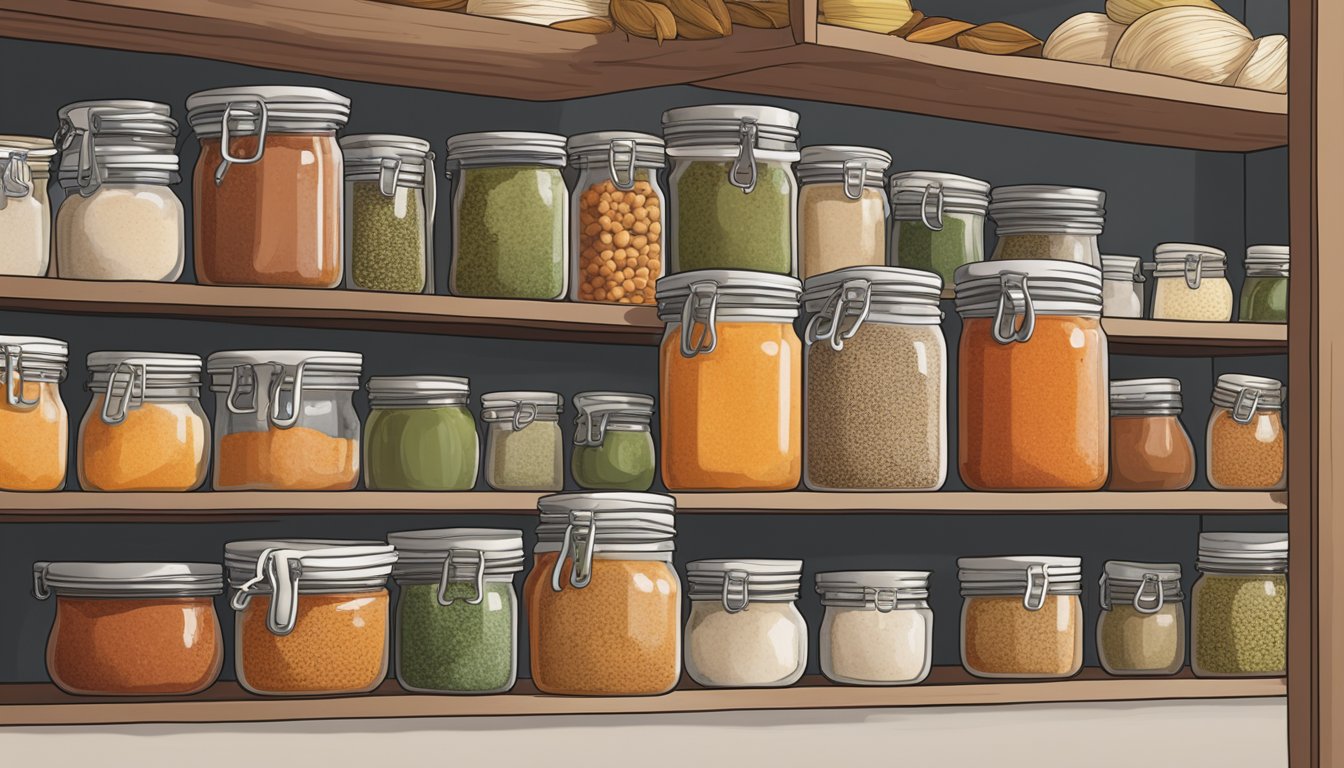 A jar of red Thai curry paste sits on a shelf in a pantry, surrounded by neatly organized rows of other preserved ingredients and spices