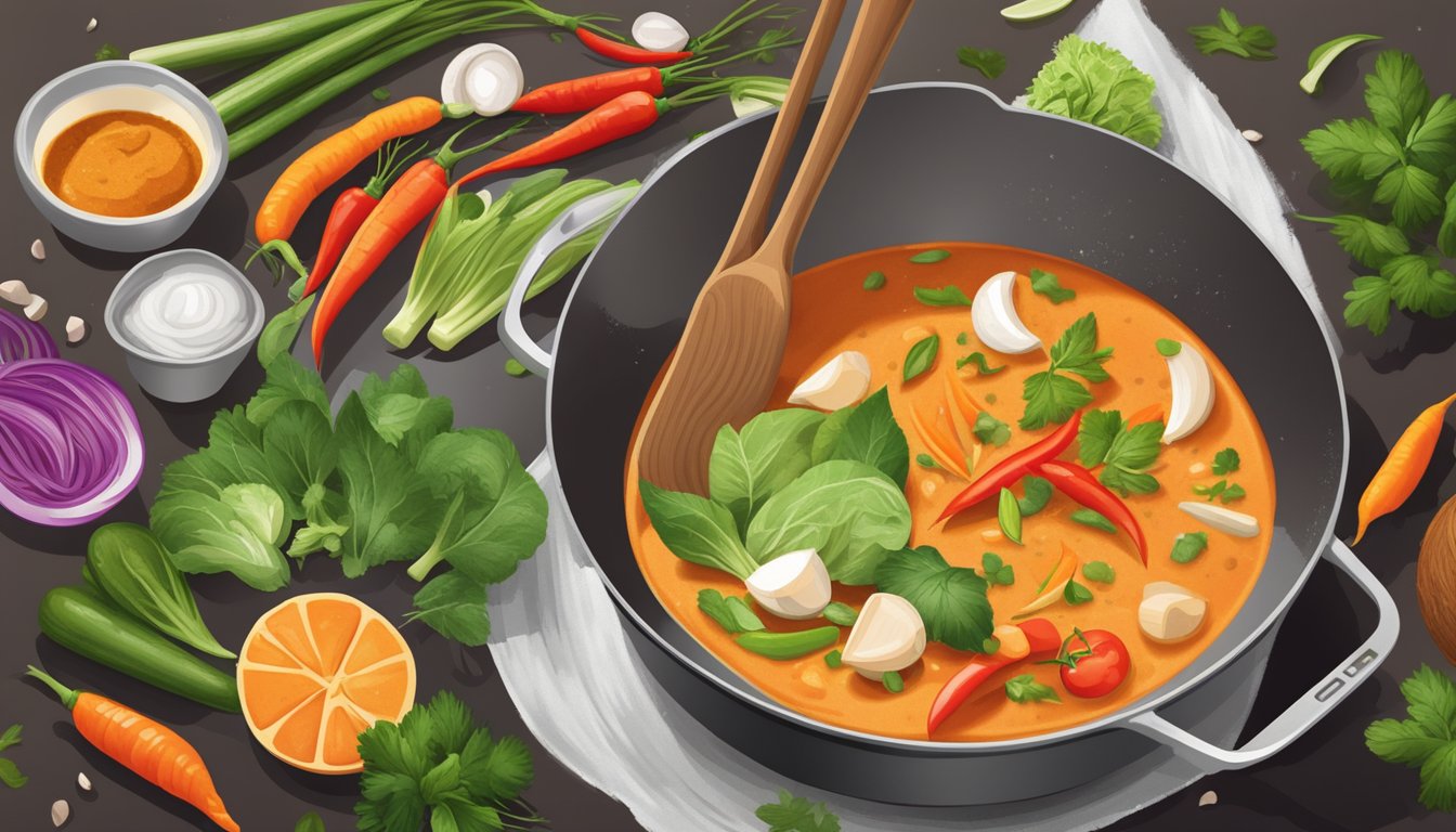 A vibrant red Thai curry paste being stirred into a sizzling pan of coconut milk, with an array of fresh vegetables and aromatic herbs nearby