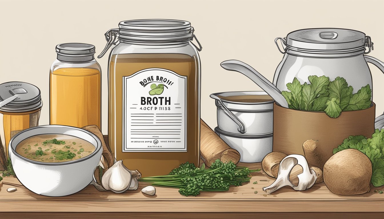 A pot of bone broth sits on a kitchen counter, surrounded by various ingredients and utensils. The broth is cloudy and has an off-putting odor, indicating spoilage