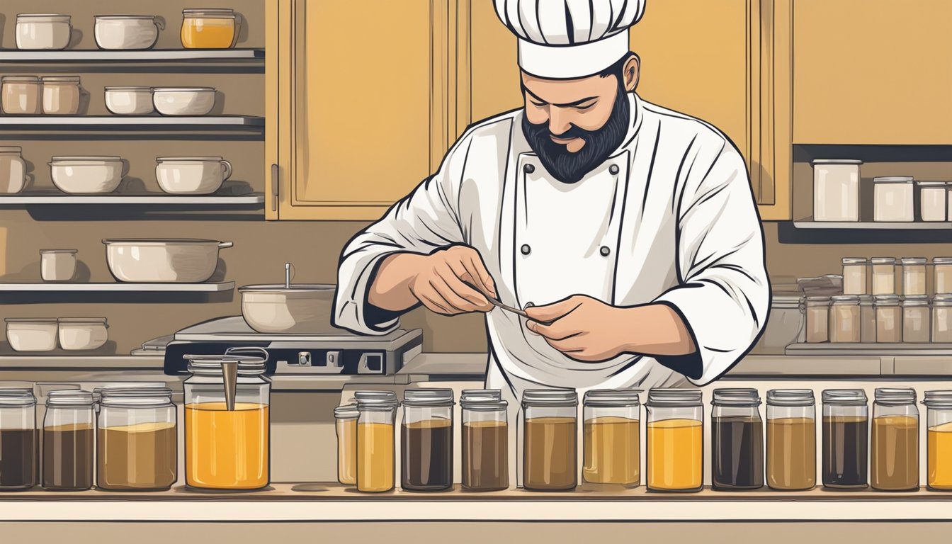 A chef carefully inspects and tests a batch of bone broth for signs of spoilage, using a thermometer and visually examining the color and consistency of the liquid