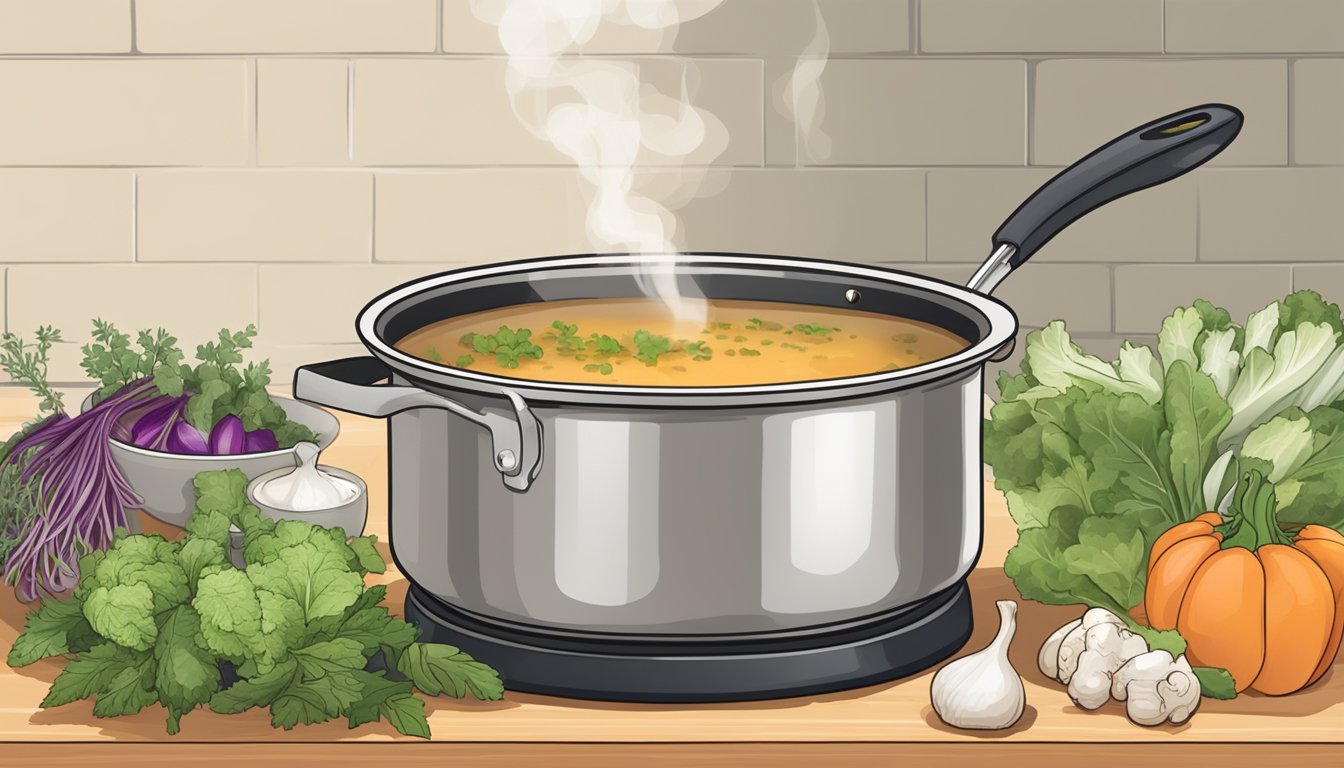 A steaming pot of bone broth sits on a stovetop, surrounded by fresh vegetables and herbs. A thermometer hovers over the pot, ensuring the broth reaches a safe temperature