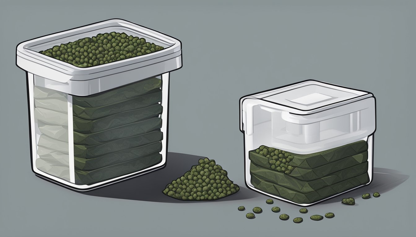 A stack of nori sheets stored in an airtight container with a desiccant packet, placed in a cool, dry pantry