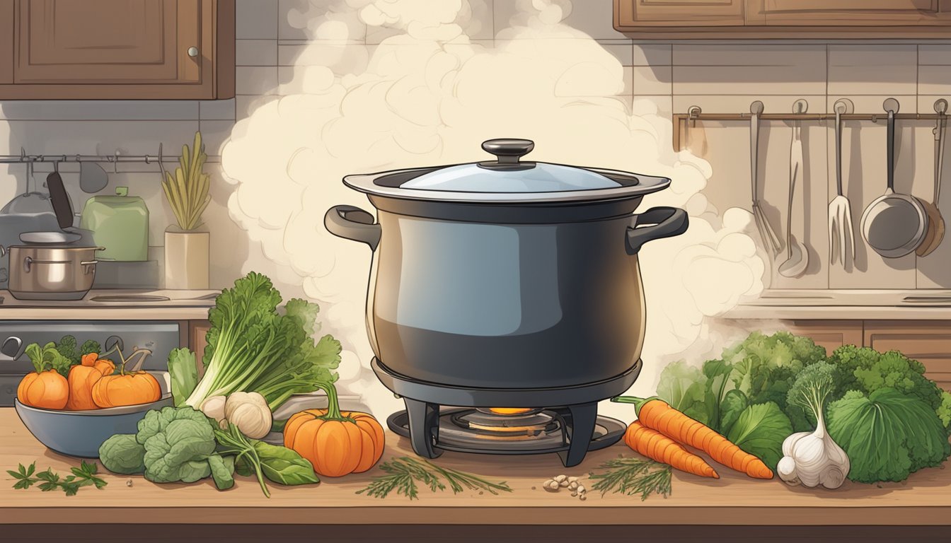 A pot of bone broth sits on a stove, emitting steam. Various vegetables and herbs are scattered nearby, suggesting the health benefits of the broth