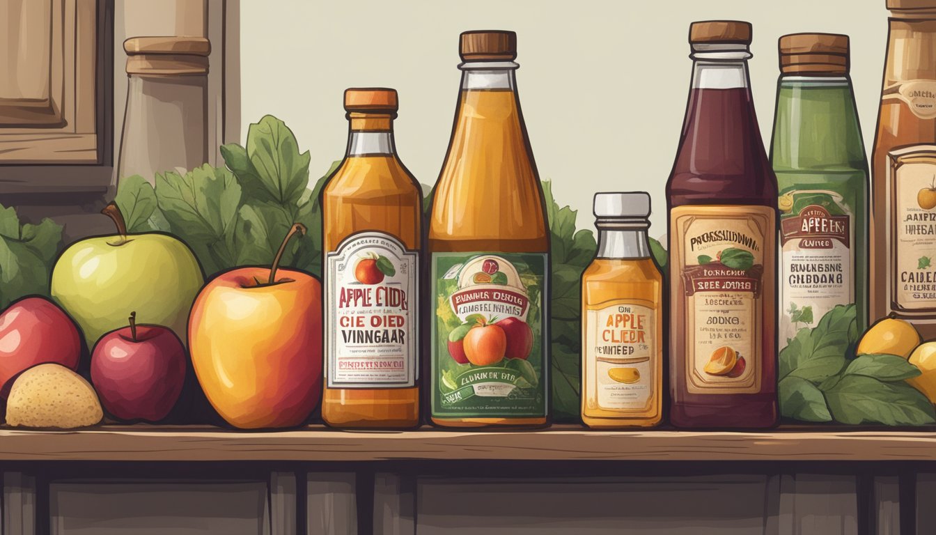 A bottle of apple cider vinegar sits on a shelf, surrounded by various condiments and preserved foods. The label on the bottle is slightly faded, hinting at its age