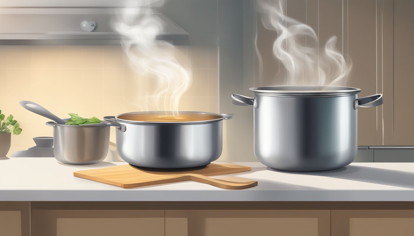 A pot of bone broth sits on a kitchen counter, steam rising from the surface. A spoon rests on the edge, and a faint aroma fills the room