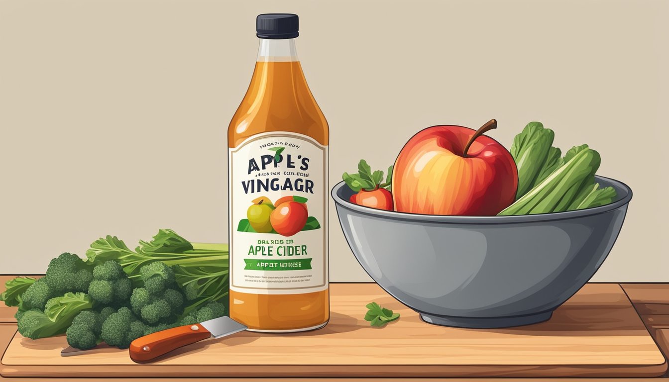 A bottle of apple cider vinegar sits next to a bowl of fresh vegetables and a cutting board, with a chef's knife ready for food preparation