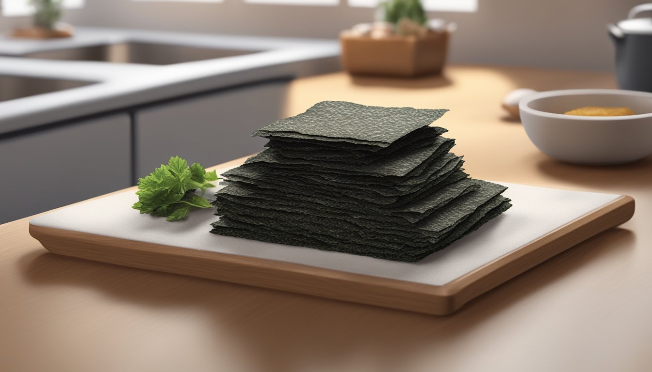 A pile of dried nori sheets on a clean, well-lit kitchen counter