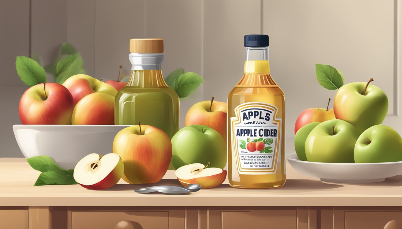 A bottle of apple cider vinegar sits on a kitchen counter, surrounded by fresh apples and a measuring spoon