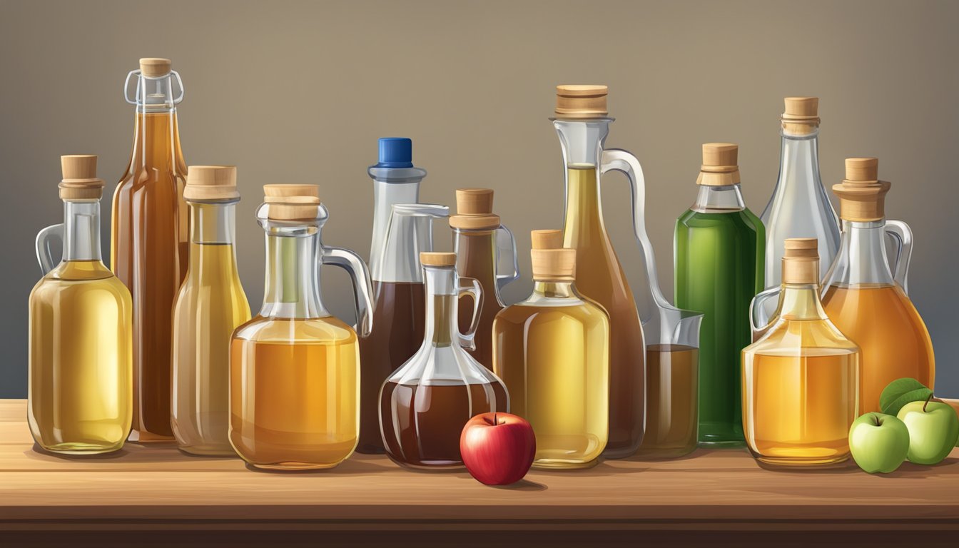 A table with various vinegar bottles arranged for comparison, including apple cider vinegar