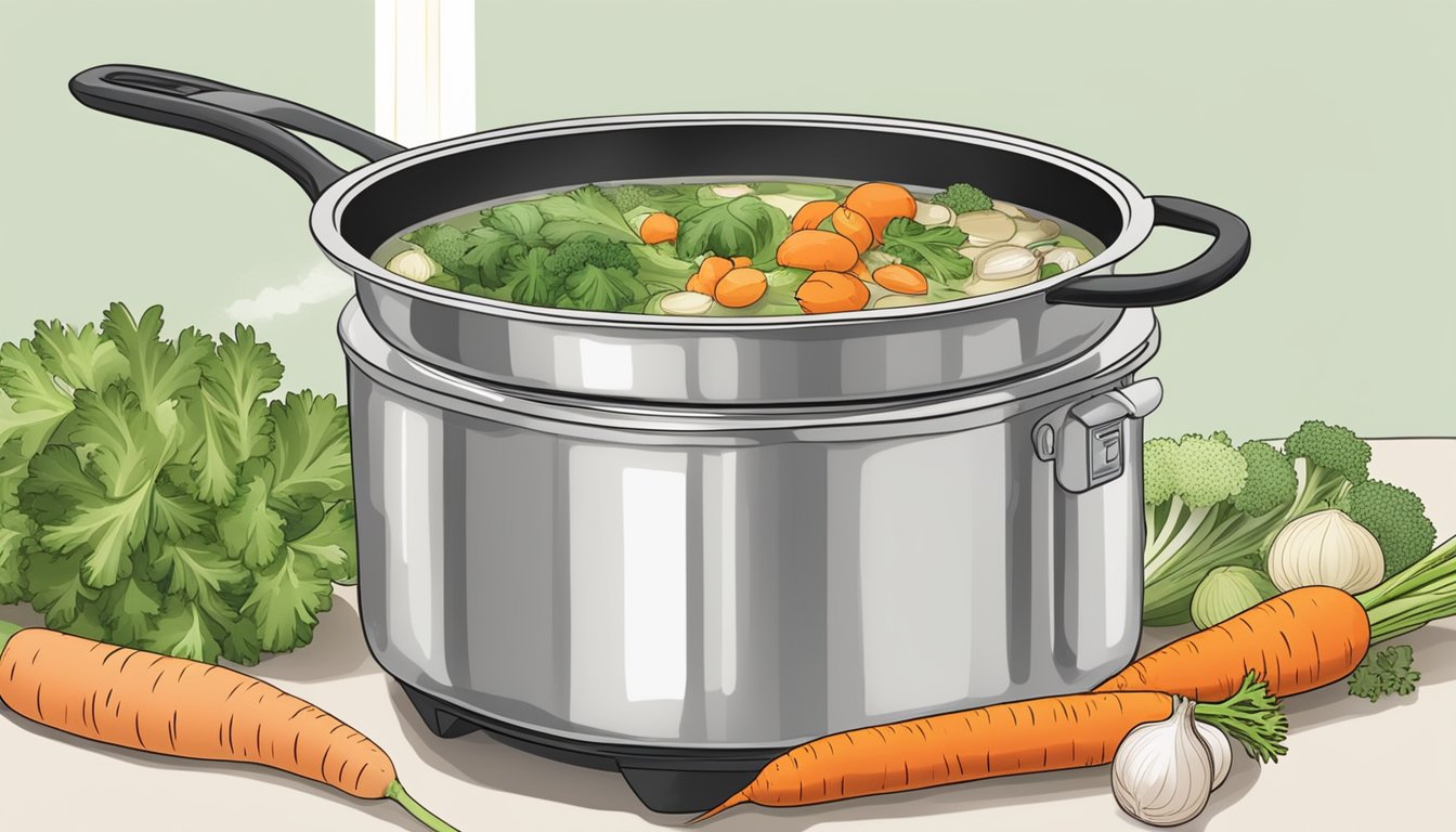 A pot of vegetable stock simmers on a stovetop, surrounded by fresh carrots, celery, onions, and herbs. A thermometer reads 180°F