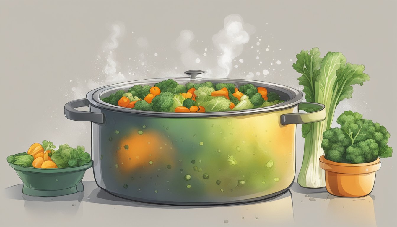 A pot of vegetable stock sits on a counter, with moldy vegetables floating on the surface and a foul smell emanating from it