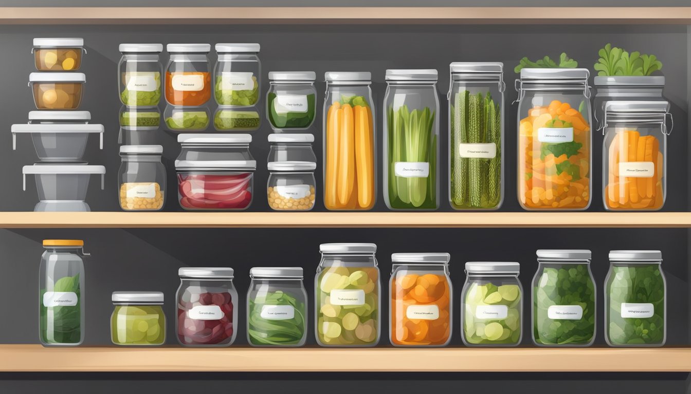 Airtight container of vegetable stock in refrigerator. Shelf with labeled jars of preserved foods