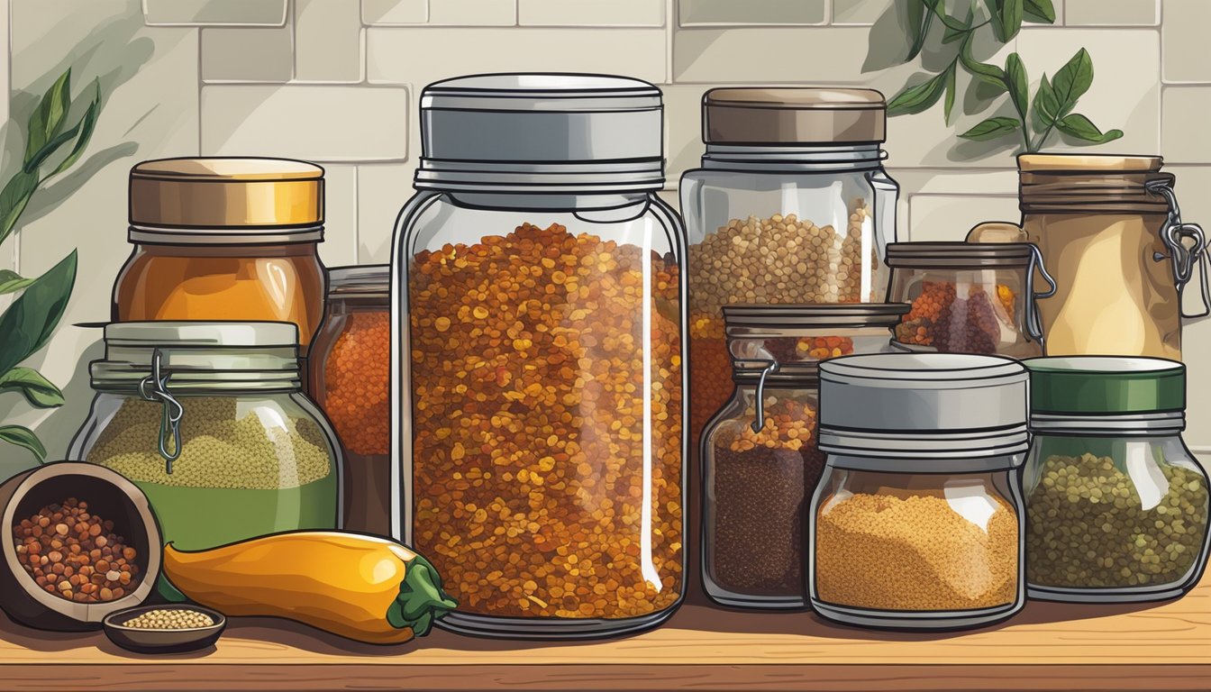 A jar of chili flakes sits on a kitchen shelf, surrounded by various spices and condiments. The lid is tightly sealed, and there are no signs of spoilage