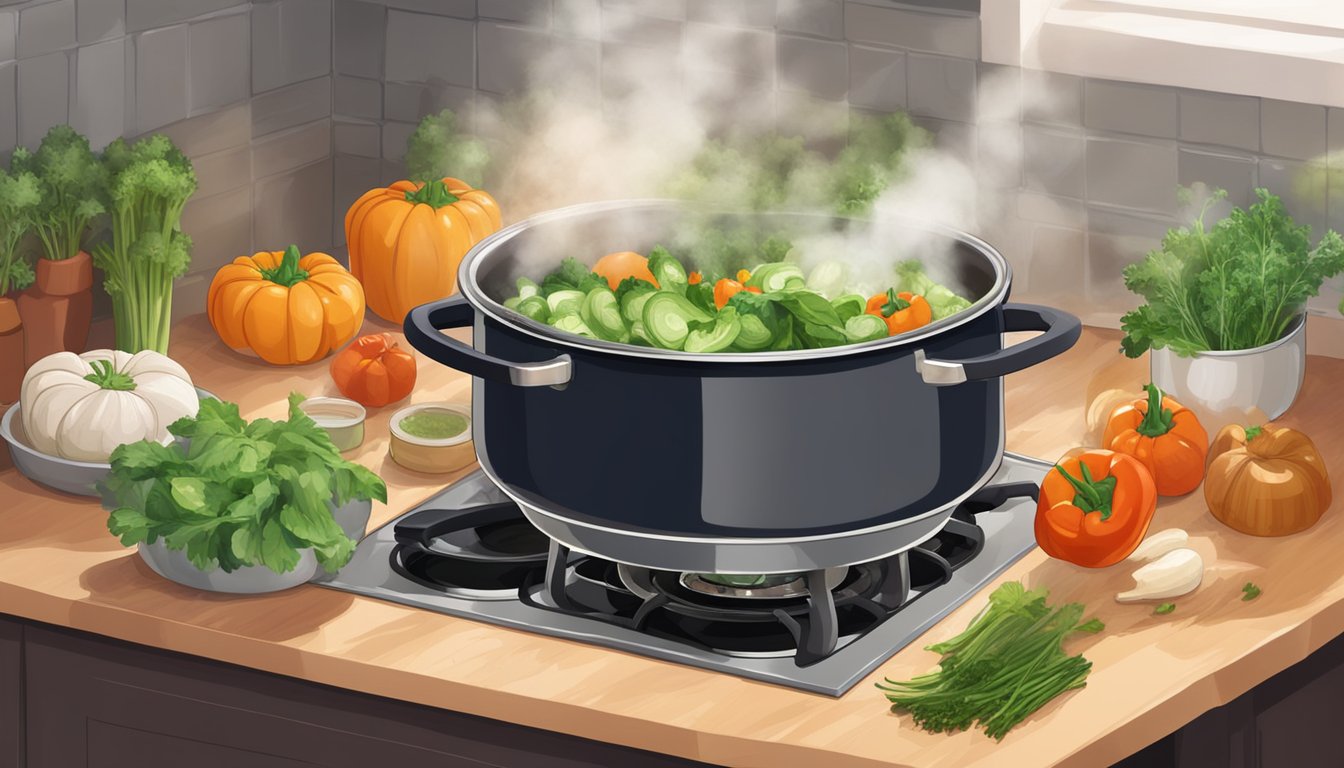 A pot of vegetable stock sits on a stove, steam rising from the simmering liquid. Chopped vegetables and herbs are scattered nearby