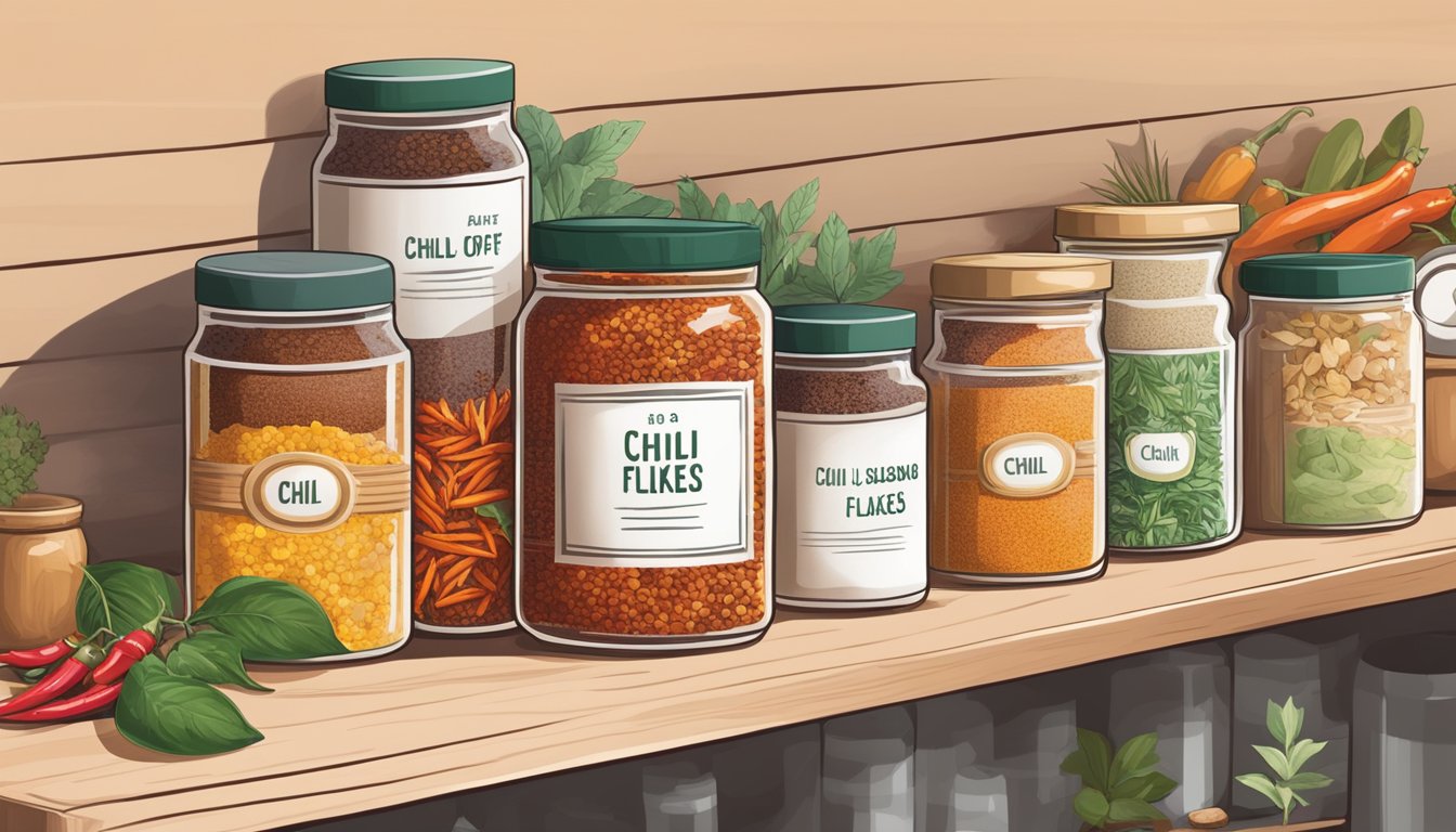 A jar of chili flakes sits on a shelf surrounded by other spices and herbs. The label is clean and the flakes inside are vibrant and dry