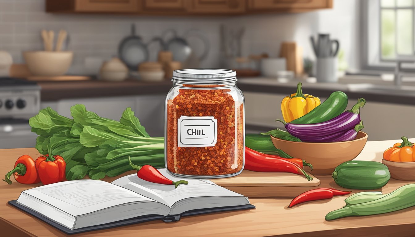 A jar of chili flakes sits on a kitchen counter next to a stack of cookbooks and a cutting board with fresh vegetables