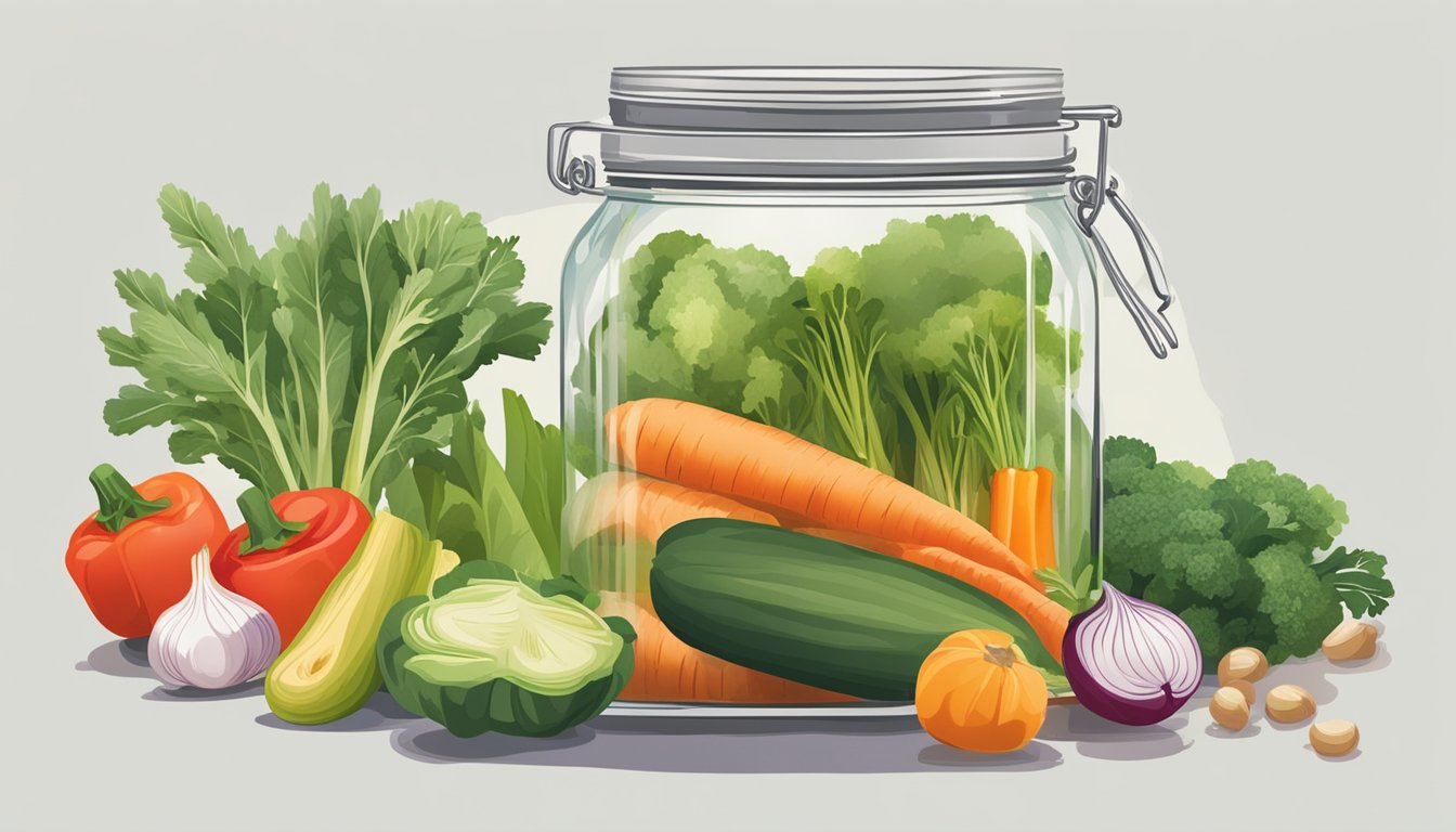 A clear glass jar of vegetable stock sits open on a kitchen counter, surrounded by various fresh vegetables. A faint aroma of herbs and spices wafts from the jar