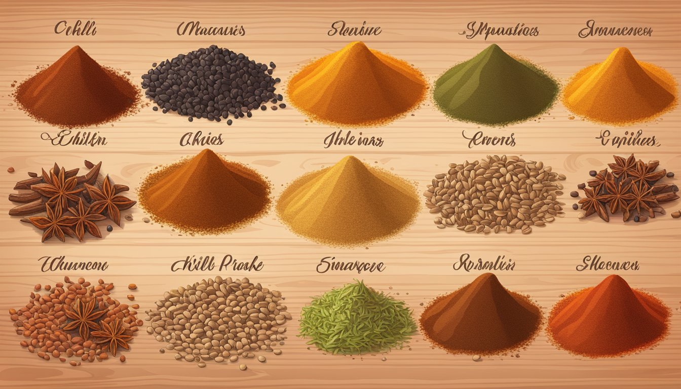 A variety of spices, including chili flakes, are arranged on a wooden cutting board for comparison. Each spice is labeled with its name