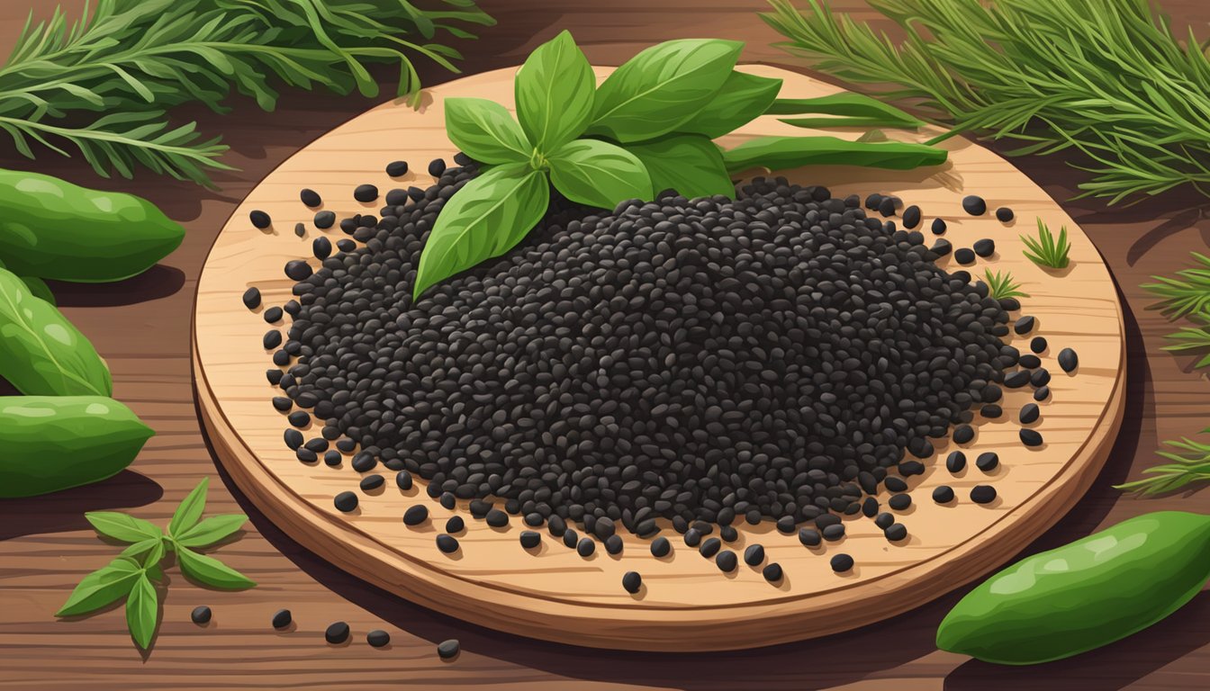 A small pile of nigella seeds sits on a wooden cutting board, surrounded by vibrant green herbs and spices. A few seeds have spilled onto the table