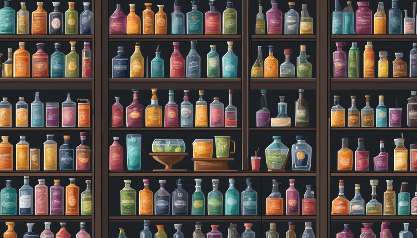 Various cocktail mixers neatly organized on shelves in a cool, dark storage room. Labels facing outward, with no signs of spoilage or leakage