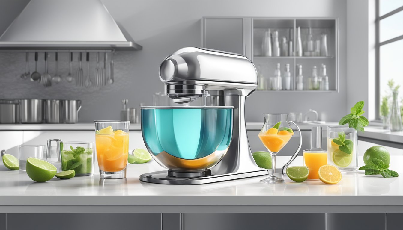 A sleek, futuristic cocktail mixer sits on a clean, white countertop, surrounded by fresh ingredients and modern bar tools