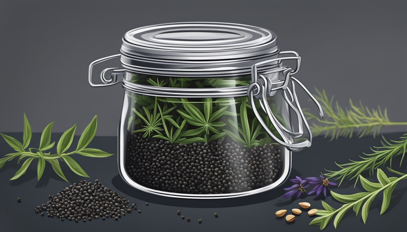 A glass jar filled with nigella seeds, tightly sealed with a metal lid, placed in a cool, dark pantry alongside other spices and herbs