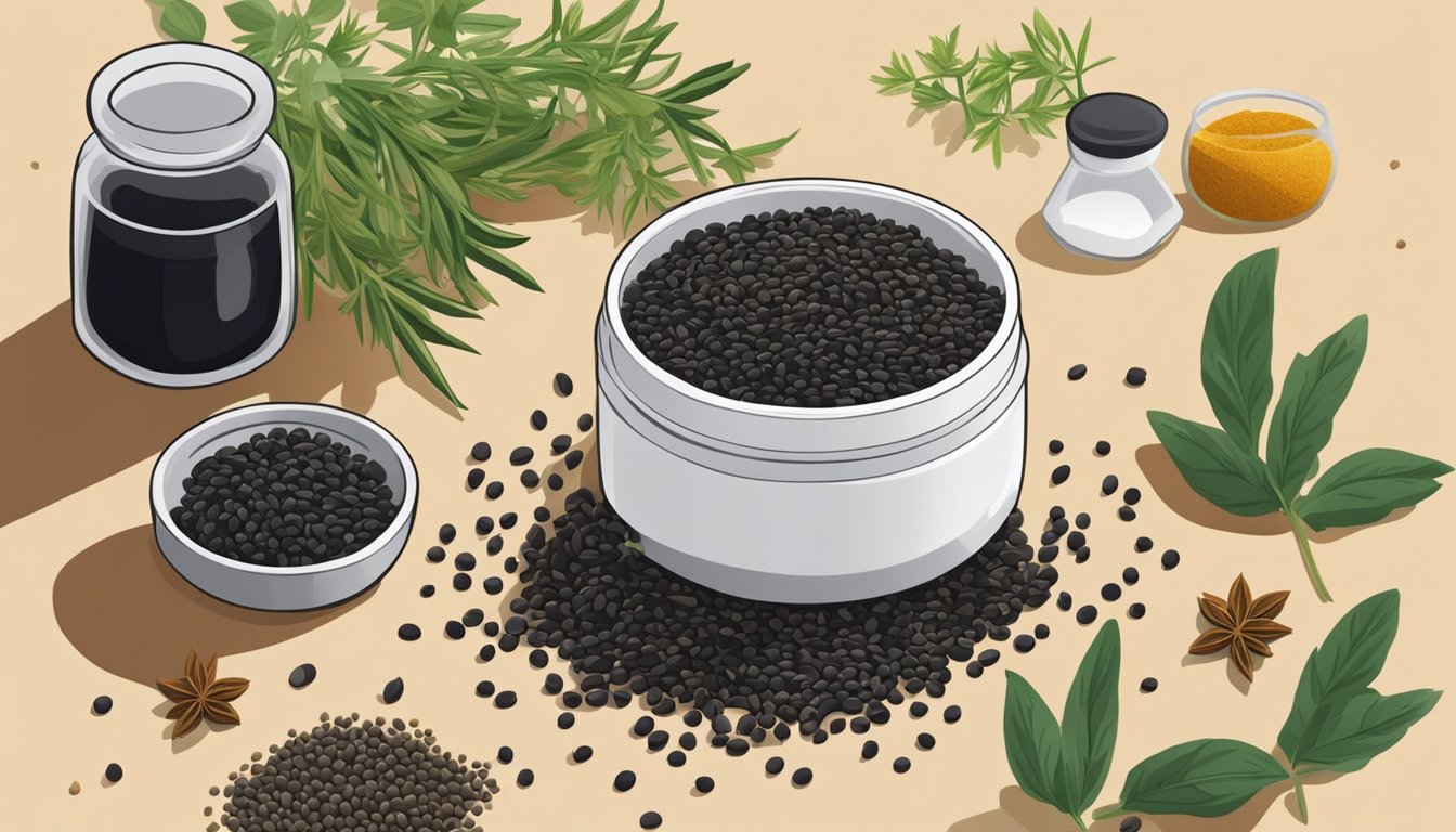 A small pile of nigella seeds spilling out of an open container, surrounded by various herbs and spices on a kitchen counter