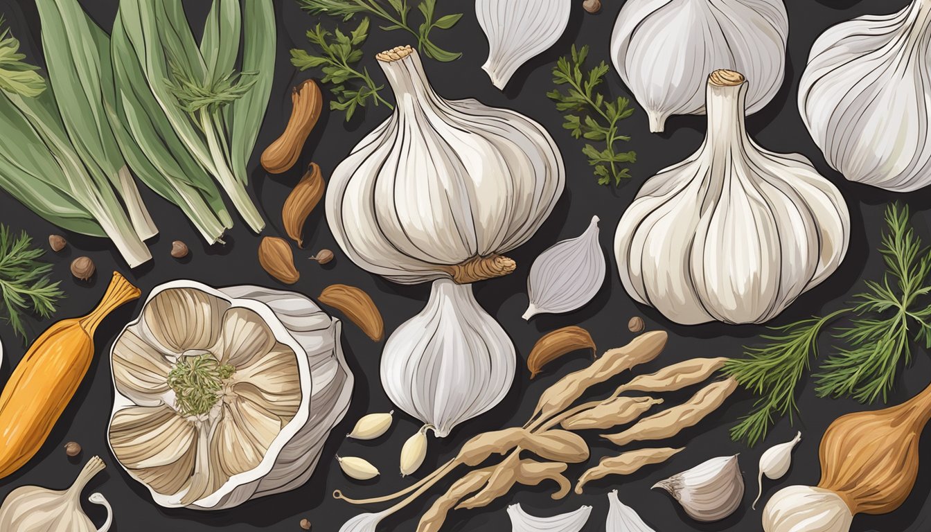 A head of garlic sits on a kitchen counter, surrounded by various herbs and spices, with a few cloves scattered around